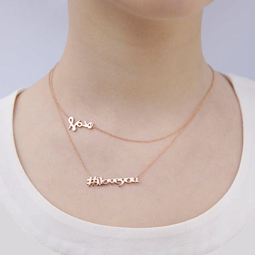 "HASHTAG" I love you NECKLACE-Necklaces-Hashtag your love! Our handmade solid gold, hand-written hashtag "i love you" necklace sits on a delicate chain in 14k rose gold. Wear it alone or layered with our “sexy” or “love” necklaces. - available in 14k yellow, white and rose gold - 17” length - spring ring clasp - shown on model in rose gold-Anneaux Jewelry