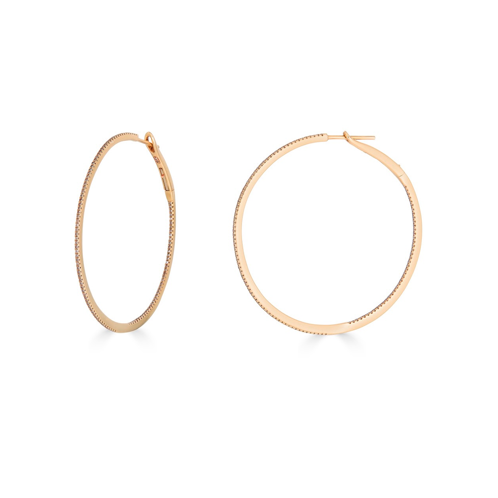 SKINNY DIAMOND HOOPS - L-Hoops-These large diamond hoops feature an extra-thin row of pave diamonds on the inside and outside of the hoop. - Available in 14k yellow, white, rose and black gold - diamonds: approximately 0.60 total carat weight; G-H color, SI clarity - 1 1/2" - shown on model in yellow gold - sold as a pair-Anneaux Jewelry