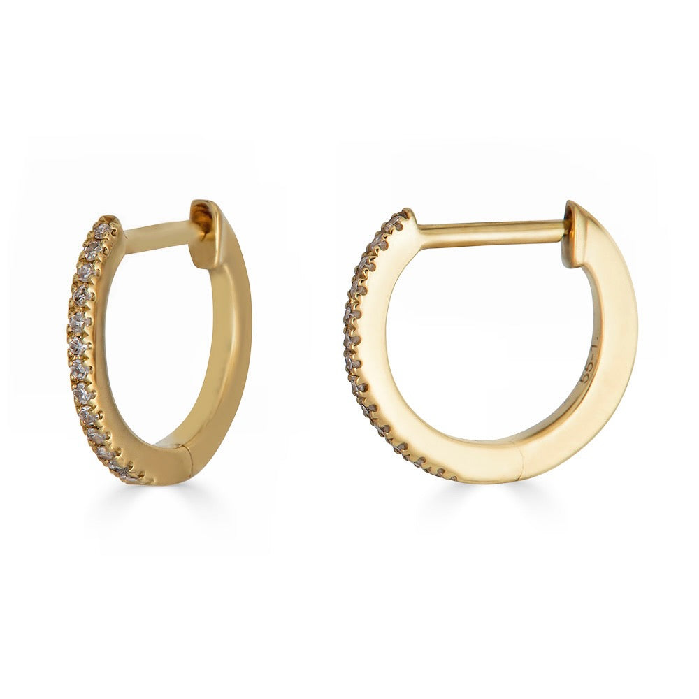 BABY DIAMOND PAVE HUGGIE-Earrings-Our most delicate diamond huggie hoop is simple, but not shy. Set in 18K gold, this hoop hugs the ear in all the right places and makes a great addition to your ear party. - available in 18k yellow and white gold - diamonds in a single huggie: approximately 0.02 approximate total carat weight; G-H color, SI clarity - 10 mm - shown on model in yellow gold - sold as a single-Anneaux Jewelry