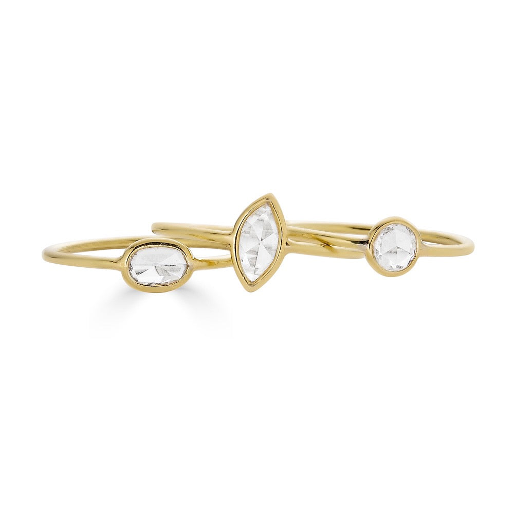 ROSE CUT DIAMOND TRIO - THREE RING SET-Rings-A trio of delicate bezel set diamond rings featuring one marquis rose cut diamond, one oval rose cut diamond and one round rose cut diamond. Wear a single, stack them together or wear them on separate fingers, the possibilities are endless. - 14k yellow gold - diamonds: approximately 0.75 total carat weight; G-H color, SI 1-2 clarity - diamond shapes and carat weight may vary slightly as they are individually sourced - custom sizing available: ice@ann