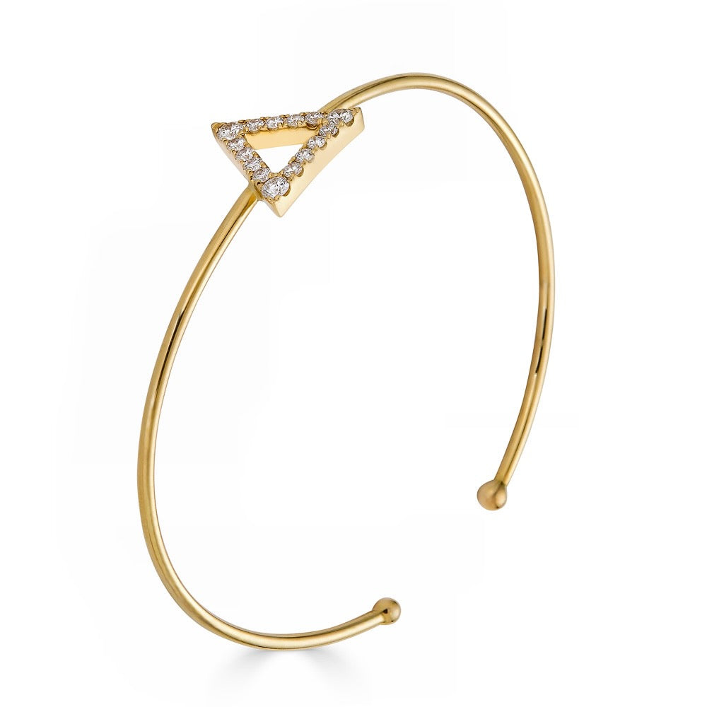 DIAMOND TRIANGLE BANGLE-Bangle-A diamond triangle sits on top of a gold wire bangle, a modern classic for your wrist. - available in 18k yellow or white gold - 55 x 45 mm - diamonds: 0.45 approximate total carat weight; G-H color; SI clarity-Anneaux Jewelry