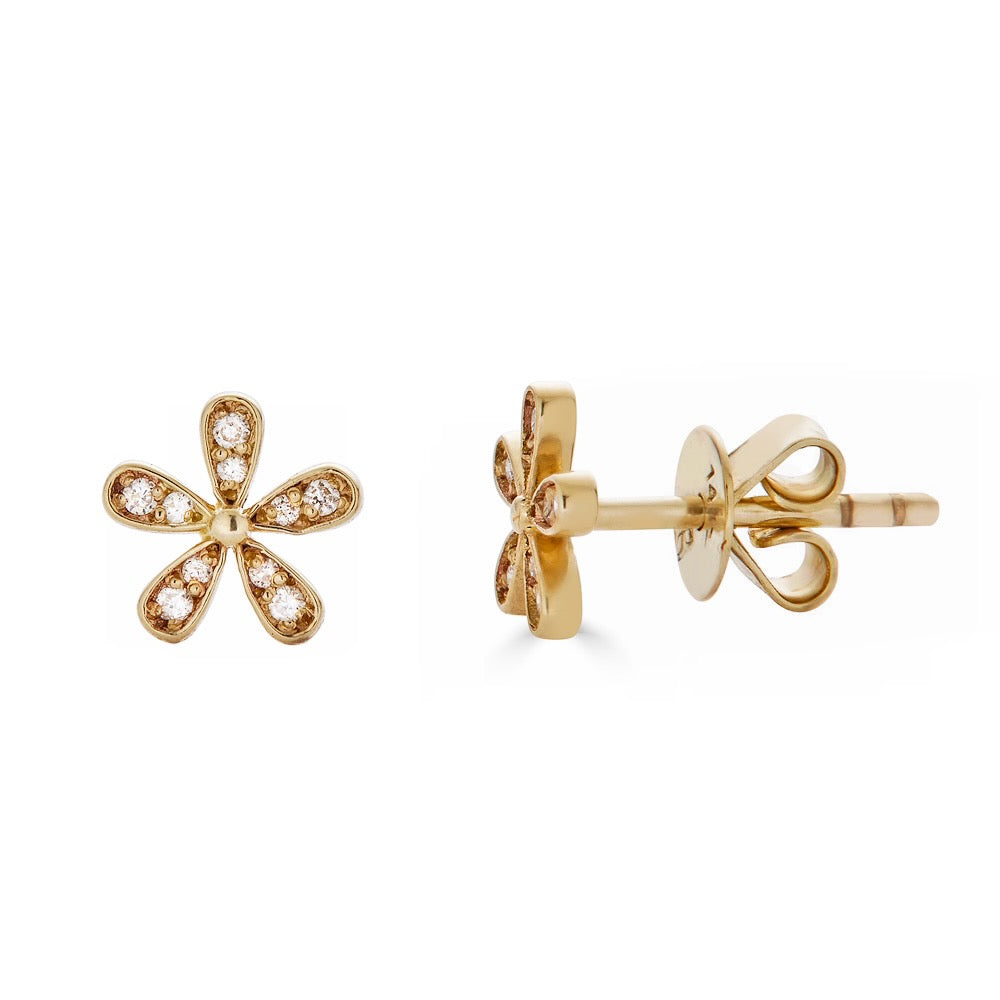 DIAMOND FLOWER STUD-Studs-A diamond flower stud in 14K gold is oh so pretty on the ear. - available in 4k yellow, white and rose gold - diamonds: G-H color, SI clarity - 14k gold butterfly backing - shown on model in rose gold-Anneaux Jewelry