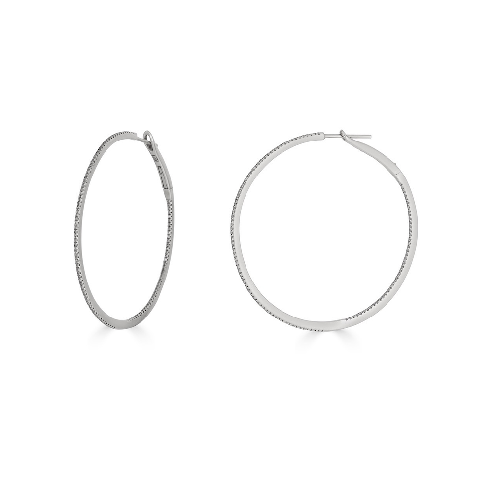 SKINNY DIAMOND HOOPS - L-Hoops-These large diamond hoops feature an extra-thin row of pave diamonds on the inside and outside of the hoop. - Available in 14k yellow, white, rose and black gold - diamonds: approximately 0.60 total carat weight; G-H color, SI clarity - 1 1/2" - shown on model in yellow gold - sold as a pair-Anneaux Jewelry